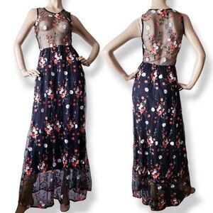 Deco Lux Black & Red Sheer Floral Lace Maxi Dress Size Medium